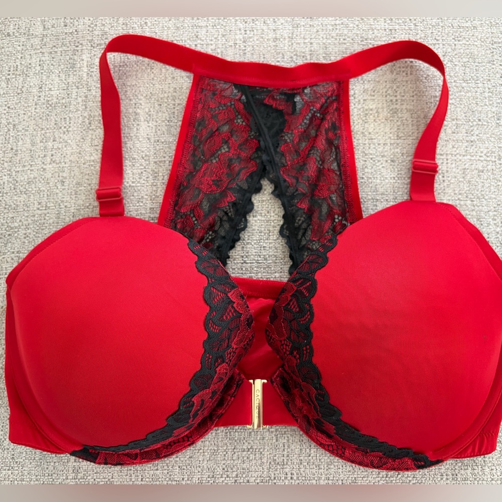 Cacique Boost Plunge Front Close Racerback Bra Red with Black Lace Accents 42DDD